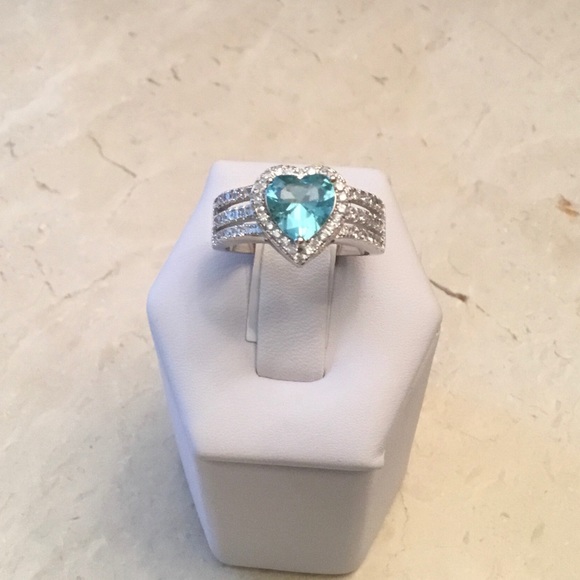 .925 Sterling Silver Aquamarine CZ Heart Ring - Picture 11 of 16